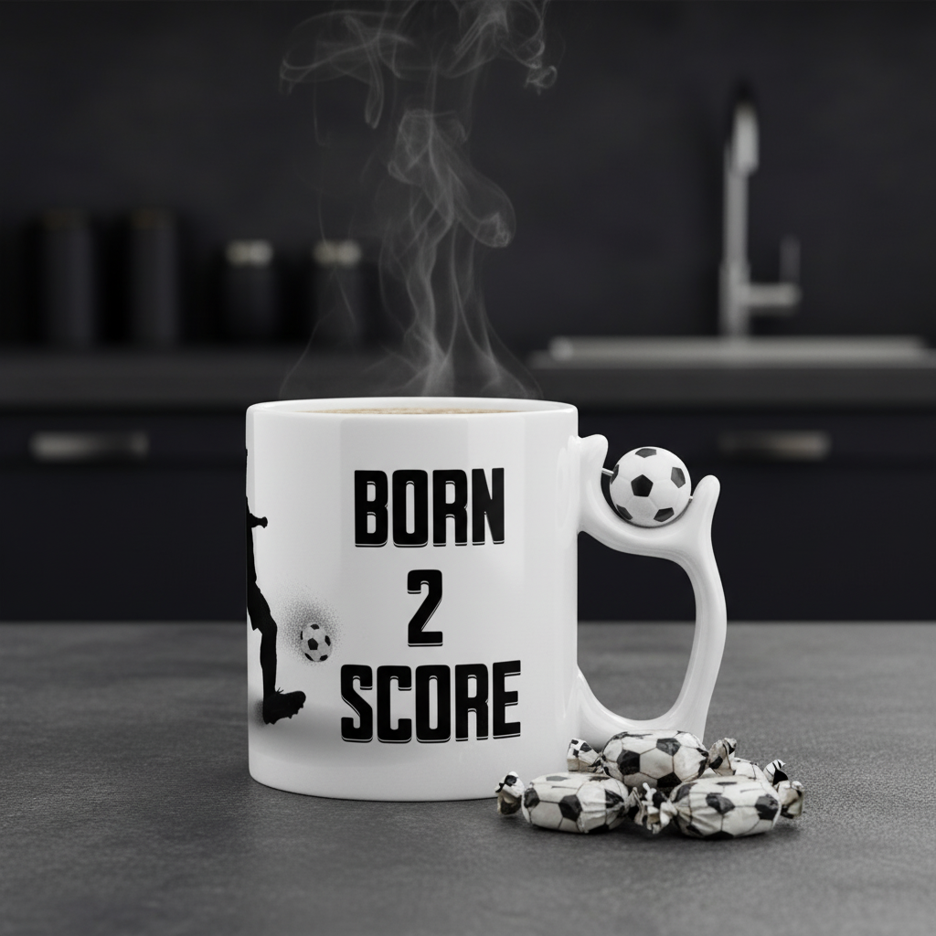 Football mug with “Born to Score” print. Ayrini Studio.