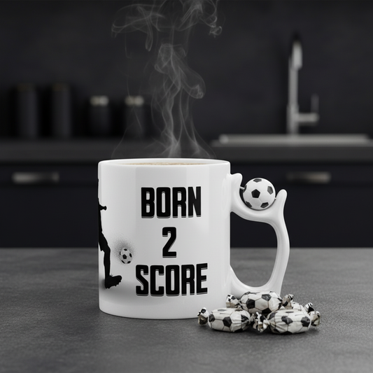 Football mug with “Born to Score” print. Ayrini Studio.