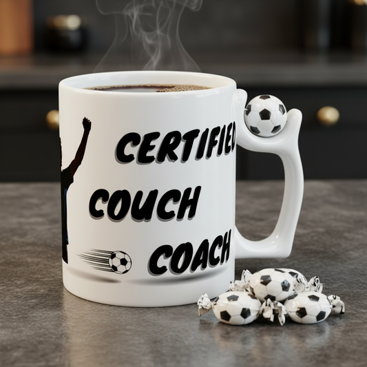 Football mug with “Certified Couch Coach” fan design. Ayrini Studio.
