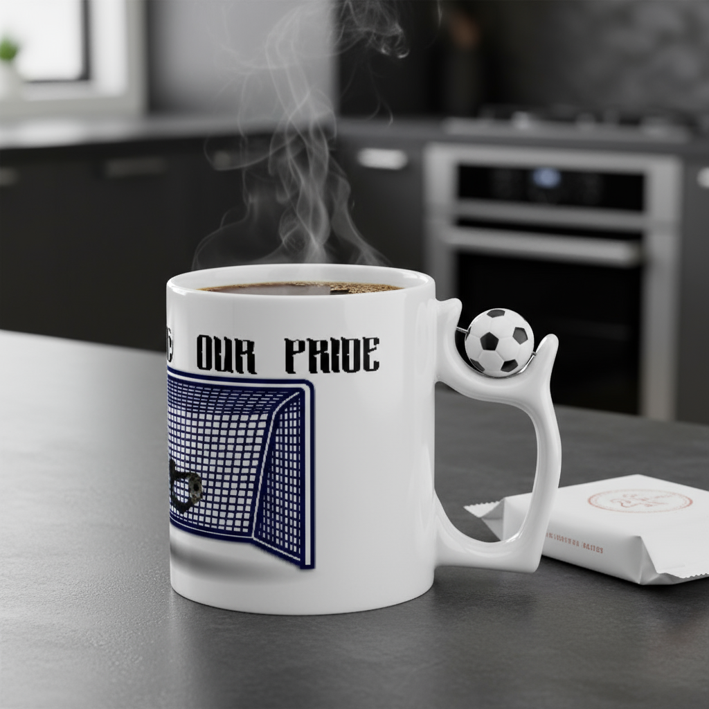 Goalkeeper mug with “Our Wall – Our Pride” print. Ayrini Studio.