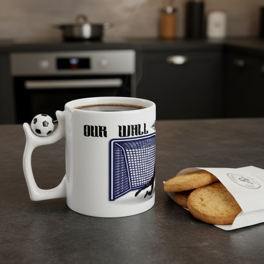 Goalkeeper mug with “Our Wall – Our Pride” print. Ayrini Studio.