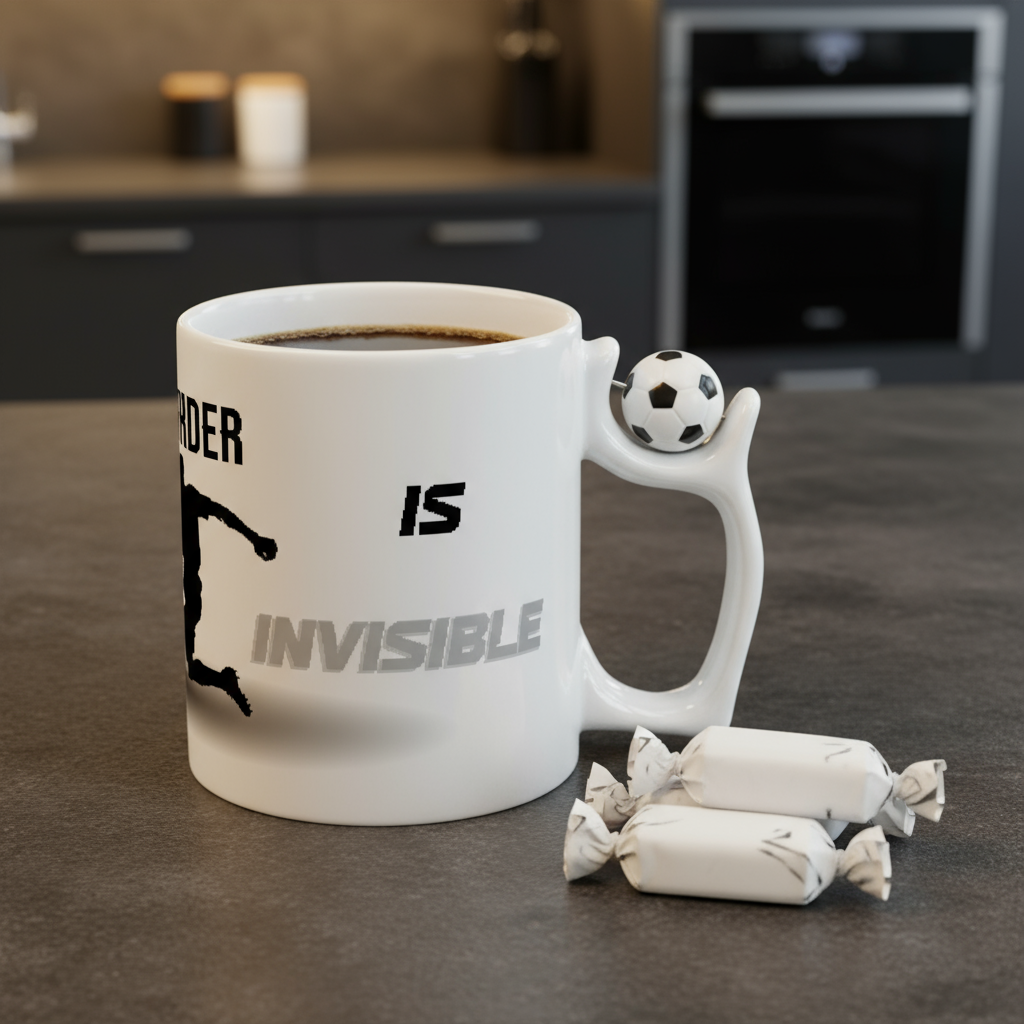 Football mug with “Perfect Defender” print. Ayrini Studio.