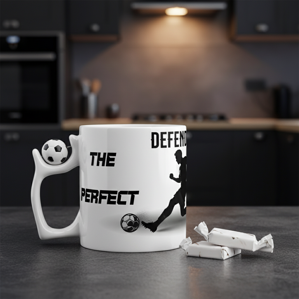 Football mug with “Perfect Defender” print. Ayrini Studio.