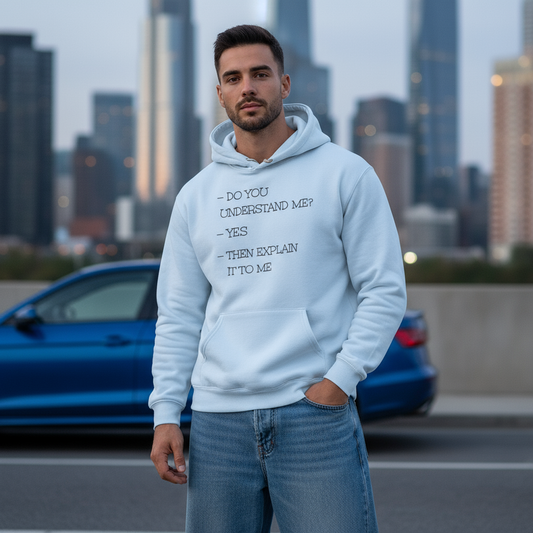 Funny text print unisex hoodie, casual streetwear by Ayrini Studio.