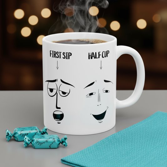 White mug with faces and text on a table with teal napkin and candies, blurred lights in the background