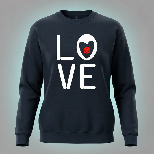 Black sweatshirt with 'LOVE' printed on it against a gradient background