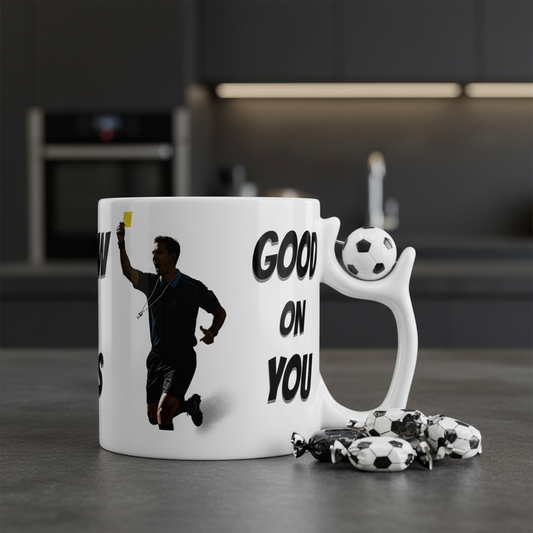 Referee mug with “Yellow Looks Good on You” print. Ayrini Studio.
