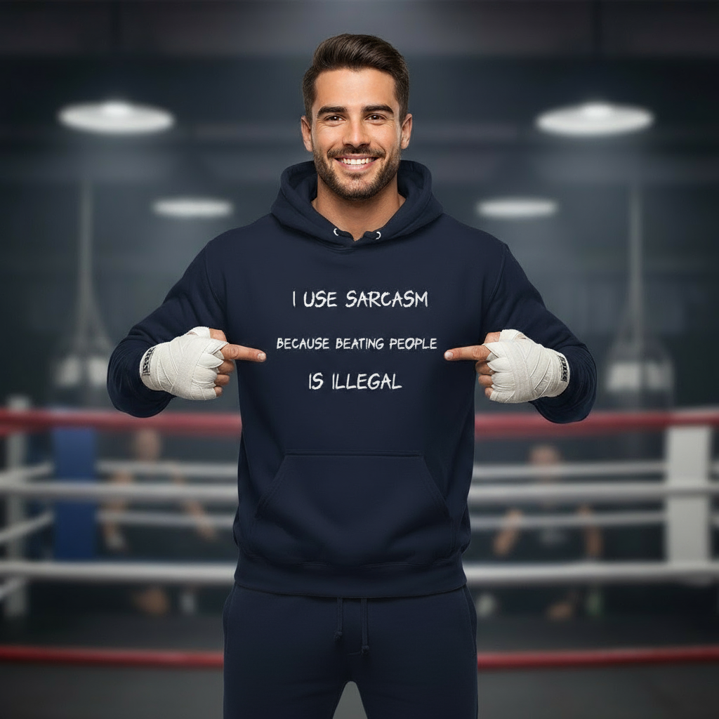 Unisex hoodie with sarcastic text print. Ayrini Studio. 