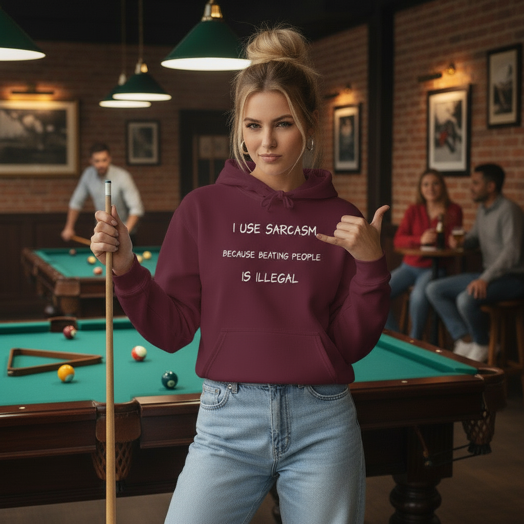 Unisex hoodie with sarcastic text print. Ayrini Studio. 